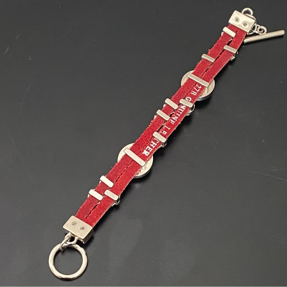 Red Genuine Leather Rhinestone Charms 7 1/2” Toggle Bracelet 36g. - Picture 4 of 15